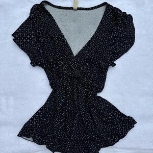 pink and black polka dot blouse babydoll top with ruffle hem